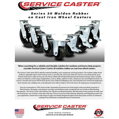 Service Caster 6 Inch Rubber on Steel Caster Set with Roller Bearing and Total Lock Brake SCC SCC-TTL30S620-RSR-4